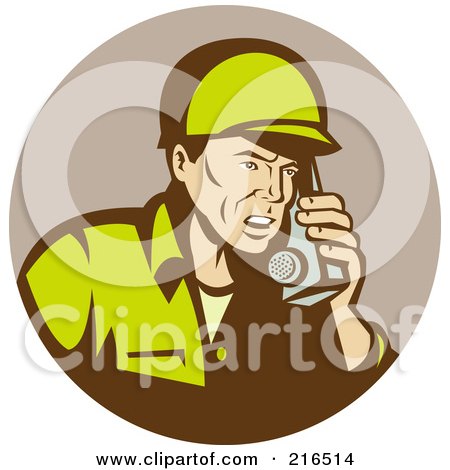 Royalty-Free (RF) Clipart Illustration of a Retro Soldier Using A Radio by patrimonio