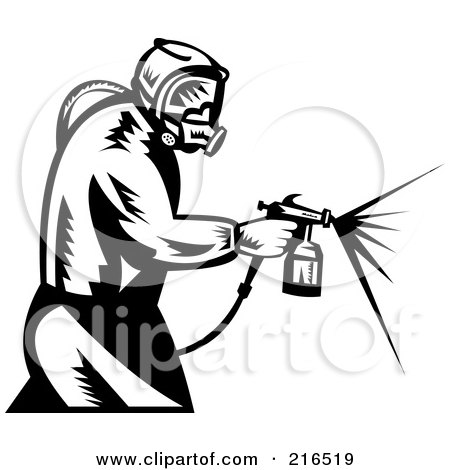 Royalty-Free (RF) Clipart Illustration of a Retro Black And White Painter Using A Spray Tool by patrimonio