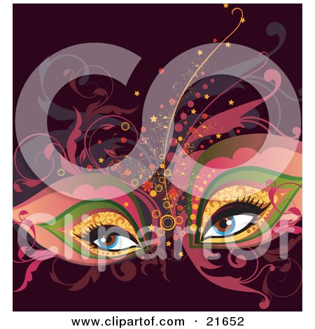 Clipart Picture Illustration of a Woman's Blue Eyes Wearing An Elegant Theater Mask And Makeup With Vines by OnFocusMedia