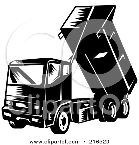Royalty-Free (RF) Clipart Illustration of a Retro Black And White Dump Truck Dumping by patrimonio
