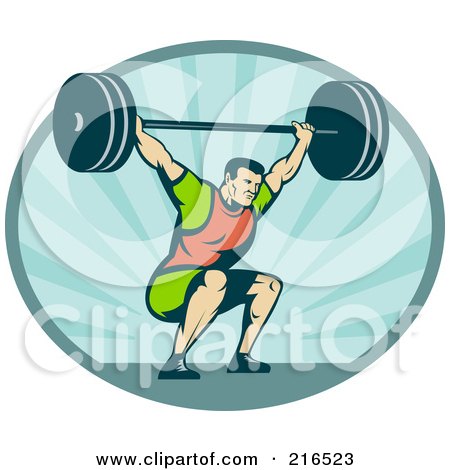 Royalty-Free (RF) Clipart Illustration of a Retro Bodybuilder Squatting And Lifting A Barbell Logo by patrimonio