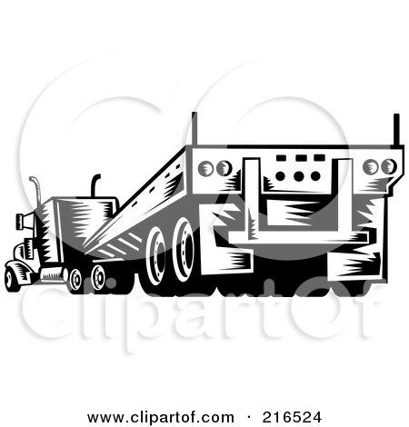 Royalty-Free (RF) Clipart Illustration of a Rear View Of A Retro Black And White Big Rig by patrimonio