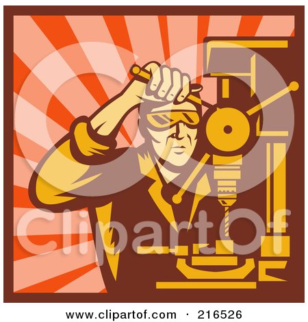 Royalty-Free (RF) Clipart Illustration of a Retro Tradeworker Using A Press Drill by patrimonio