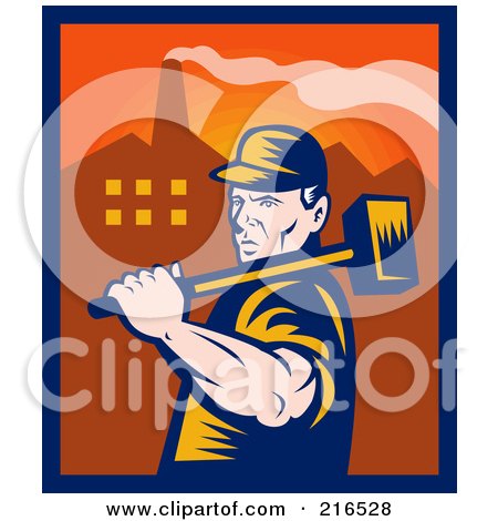 Royalty-Free (RF) Clipart Illustration of a Retro Factory Worker Carrying A Sledgehammer by patrimonio