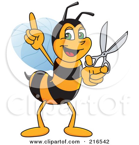 Royalty-Free (RF) Clipart Illustration of a Worker Bee Character Mascot Holding Scissors by Mascot Junction