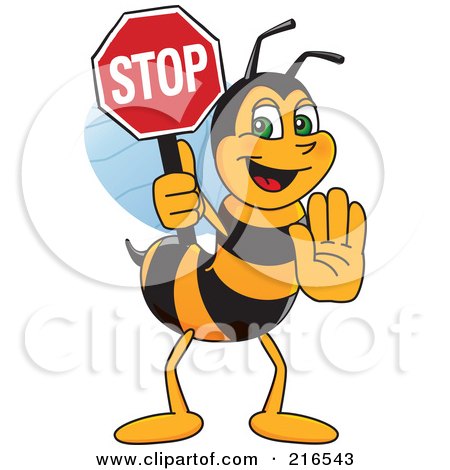 Royalty-Free (RF) Clipart Illustration of a Worker Bee Character Mascot Holding A Stop Sign by Mascot Junction