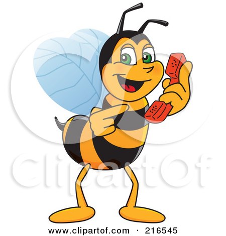 Royalty-Free (RF) Clipart Illustration of a Worker Bee Character Mascot Holding A Phone by Mascot Junction