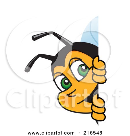 Royalty-Free (RF) Clipart Illustration of a Worker Bee Character Mascot Looking Around A Blank Sign by Mascot Junction