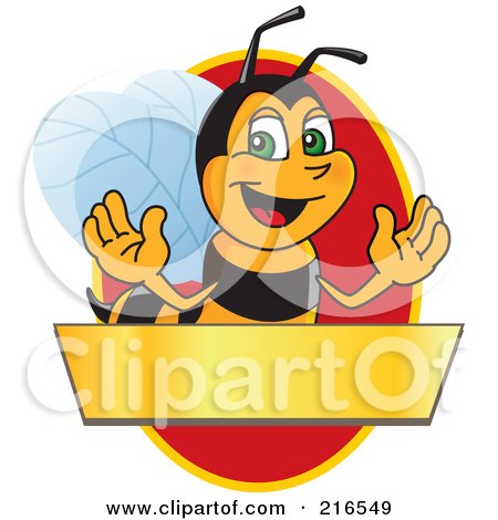 Royalty-Free (RF) Clipart Illustration of a Worker Bee Character Logo Mascot Over A Blank Banner On A Red Oval by Mascot Junction