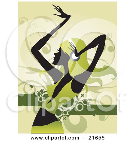 Clipart Picture Illustration of a Dancing Woman In Silhouette, Dressed In Green With Green Hair, Wearing Headphones by OnFocusMedia