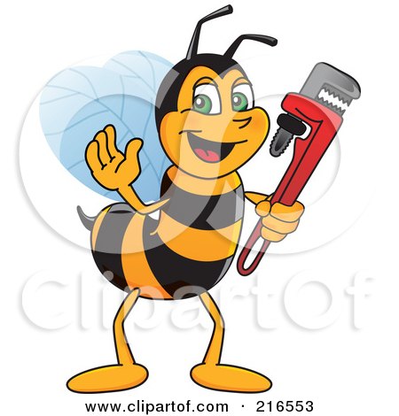 Royalty-Free (RF) Clipart Illustration of a Worker Bee Character Mascot Holding A Monkey Wrench by Mascot Junction