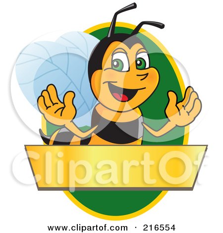 Royalty-Free (RF) Clipart Illustration of a Worker Bee Character Logo Mascot Over A Blank Banner On A Green Oval by Mascot Junction