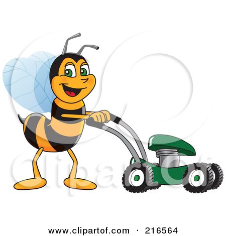 Royalty-Free (RF) Clipart Illustration of a Worker Bee Character Mascot Using A Lawn Mower by Mascot Junction
