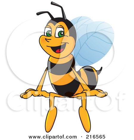 Royalty-Free (RF) Clipart Illustration of a Worker Bee Character Mascot Sitting On A Blank Sign by Toons4Biz