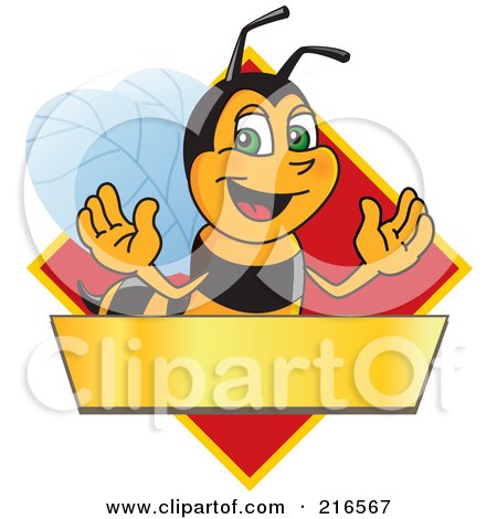 Royalty-Free (RF) Clipart Illustration of a Worker Bee Character Logo Mascot Over A Blank Banner On A Red Diamond by Mascot Junction