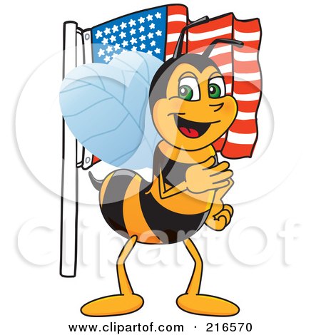 Royalty-Free (RF) Clipart Illustration of a Worker Bee Character Mascot With An American Flag by Mascot Junction