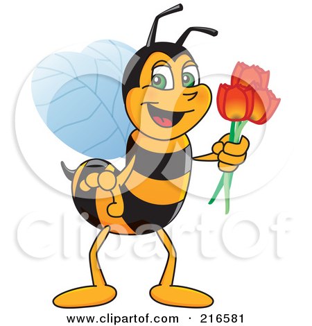 Royalty-Free (RF) Clipart Illustration of a Worker Bee Character Mascot Holding Tulips by Mascot Junction