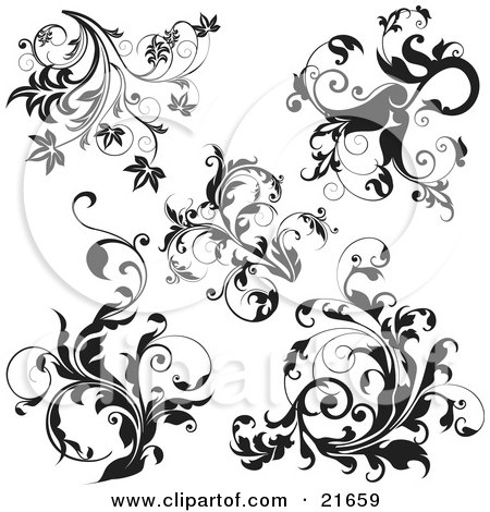 Clipart Picture Illustration of a Collection Of Black And White Leafy Elegant Vines Over White by OnFocusMedia