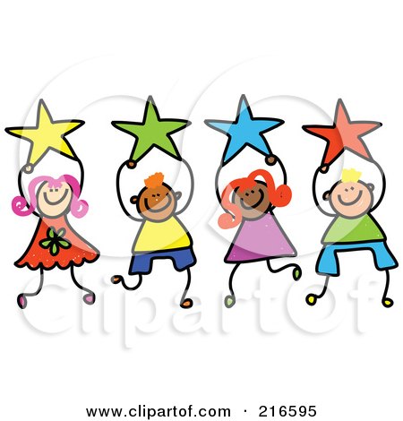 Royalty-Free (RF) Clipart Illustration of a Childs Sketch Of A Group Of Kids Holding Stars - 2 by Prawny
