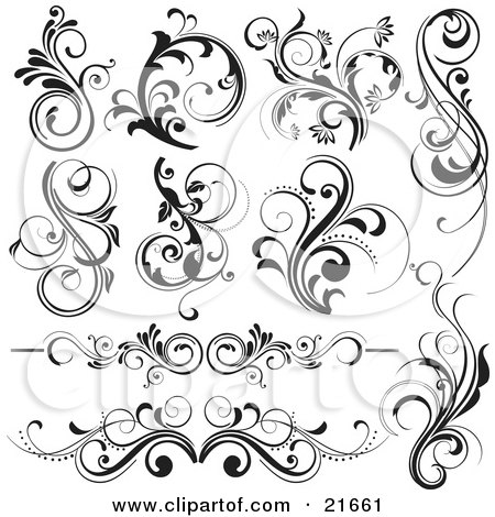 Clipart Picture Illustration of a Collection Of 10 Floral Vines And Flourishes In Black And White by OnFocusMedia
