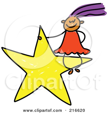 Royalty-Free (RF) Clipart Illustration of a Childs Sketch Of A Girl Sitting On A Yellow Star by Prawny