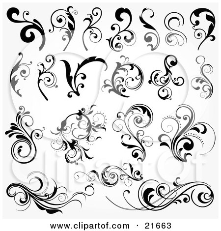 Clipart Picture Illustration of a Collection Of Botanical Vines And Leaves In Black And White by OnFocusMedia