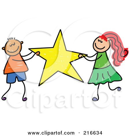 Royalty-Free (RF) Clipart Illustration of a Childs Sketch Of A Boy And Girl Carrying A Star by Prawny