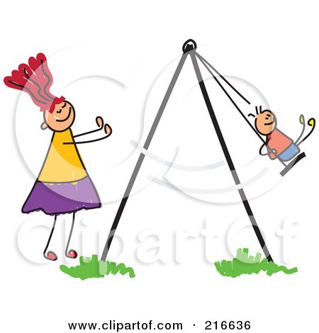 Royalty-Free (RF) Clipart Illustration of a Childs Sketch Of A Mom Pushing Her Son On A Swing by Prawny