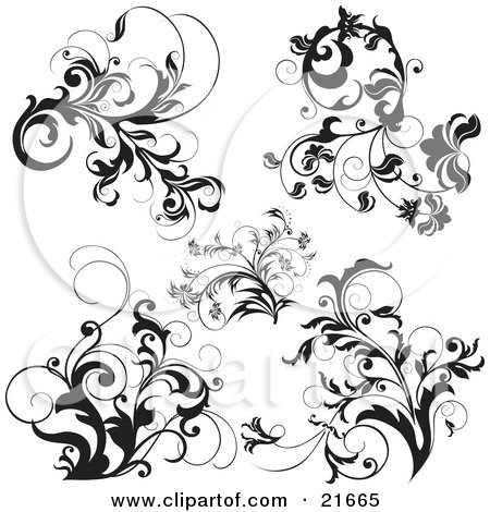 Clipart Picture Illustration of a Collection Of Black And White Scrolling Vined Plants Over White by OnFocusMedia