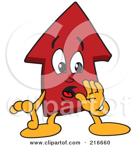 Royalty-Free (RF) Clipart Illustration of a Red Up Arrow Character Mascot Whispering by Mascot Junction