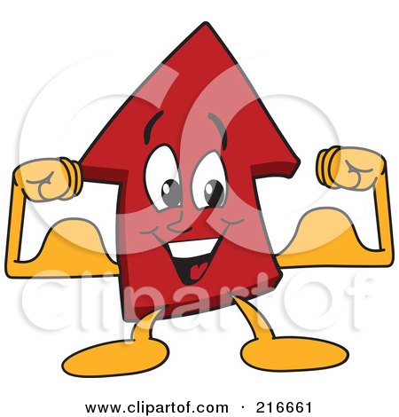 Royalty-Free (RF) Clipart Illustration of a Red Up Arrow Character Mascot Flexing by Mascot Junction