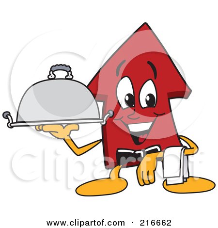 Royalty-Free (RF) Clipart Illustration of a Red Up Arrow Character Mascot Serving A Platter by Mascot Junction