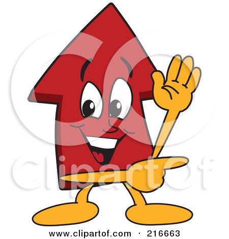 Royalty-Free (RF) Clipart Illustration of a Red Up Arrow Character Mascot Waving And Pointing by Mascot Junction