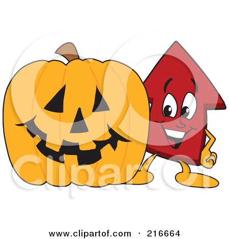 Royalty-Free (RF) Clipart Illustration of a Red Up Arrow Character Mascot With A Halloween Pumpkin by Mascot Junction