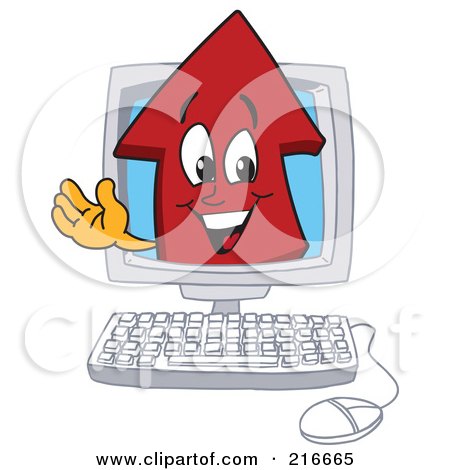 Royalty-Free (RF) Clipart Illustration of a Red Up Arrow Character Mascot In A Computer by Mascot Junction