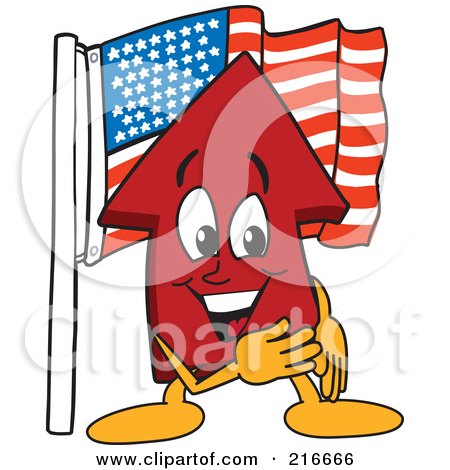 Royalty-Free (RF) Clipart Illustration of a Red Up Arrow Character Mascot With An American Flag by Mascot Junction