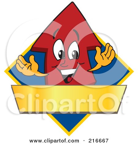Royalty-Free (RF) Clipart Illustration of a Red Up Arrow Character Logo Mascot Above A Blank Gold Banner On A Blue Diamond by Mascot Junction
