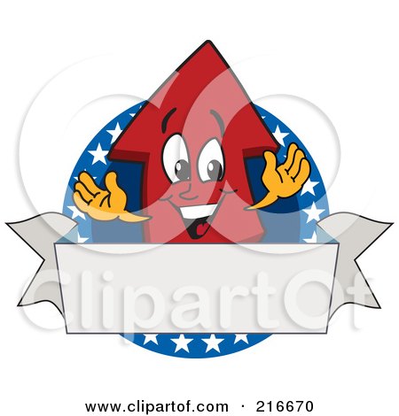 Royalty-Free (RF) Clipart Illustration of a Red Up Arrow Character Mascot On An American Logo With A Blank Banner by Mascot Junction