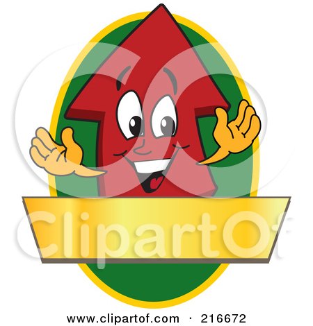 Royalty-Free (RF) Clipart Illustration of a Red Up Arrow Character Logo Mascot Above A Blank Gold Banner On A Green Oval by Mascot Junction