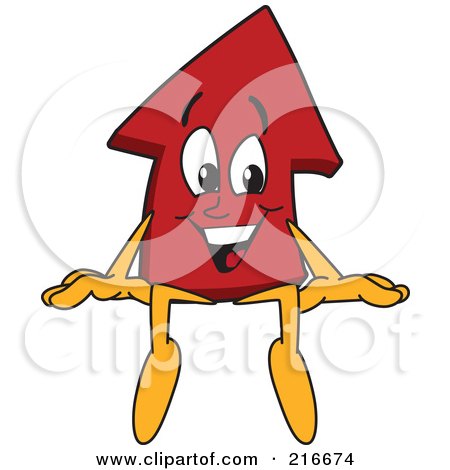 Royalty-Free (RF) Clipart Illustration of a Red Up Arrow Character Mascot Sitting On A Blank Sign by Mascot Junction