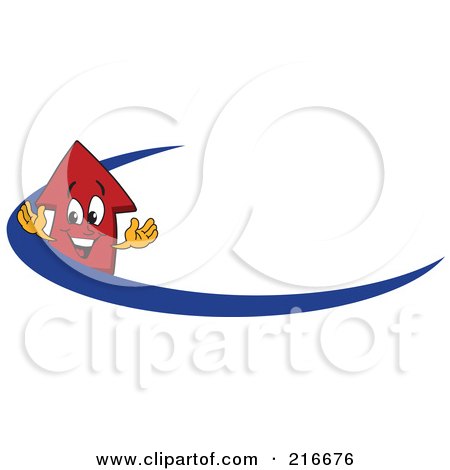 Royalty-Free (RF) Clipart Illustration of a Red Up Arrow Character Mascot On A Blue Dash Arrow by Toons4Biz