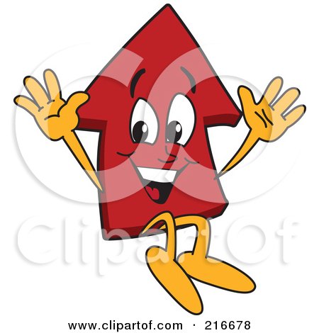 Royalty-Free (RF) Clipart Illustration of a Red Up Arrow Character Mascot Jumping by Mascot Junction