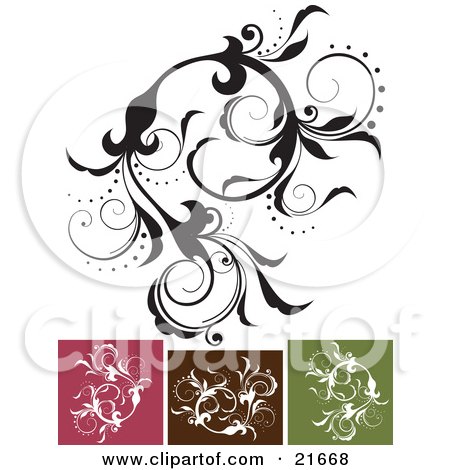 Clipart Picture Illustration of an Intricate Vine With Beautiful Leaves And Flowers In Black And White, With Pink, Brown And Green Versions by OnFocusMedia