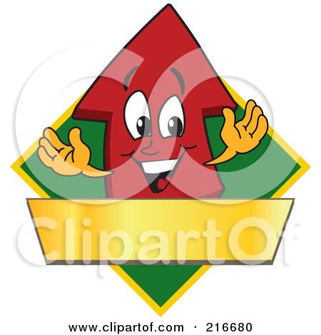 Royalty-Free (RF) Clipart Illustration of a Red Up Arrow Character Logo Mascot Above A Blank Gold Banner On A Green Diamond by Mascot Junction