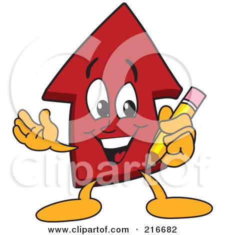 Royalty-Free (RF) Clipart Illustration of a Red Up Arrow Character Mascot Holding A Pencil by Mascot Junction
