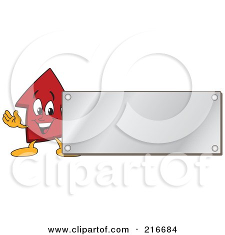Royalty-Free (RF) Clipart Illustration of a Red Up Arrow Character Mascot With A Blank Silver Plaque Sign Or Logo by Mascot Junction