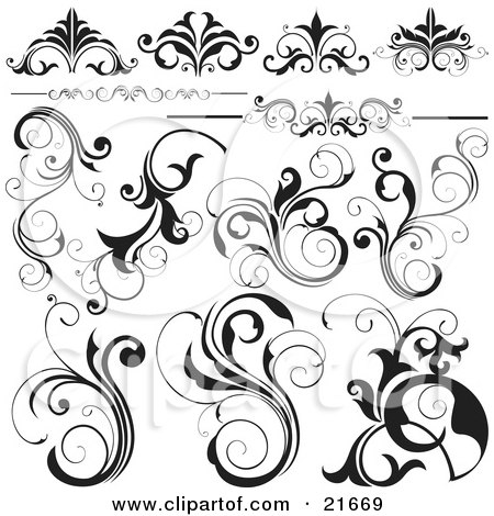 Clipart Picture Illustration of a Collection Of Black And White Flourishes, Flowers And Vines, Over White by OnFocusMedia