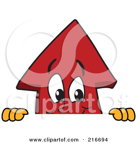 Royalty-Free (RF) Clipart Illustration of a Red Up Arrow Character Mascot Looking Over A Blank Sign Board by Mascot Junction