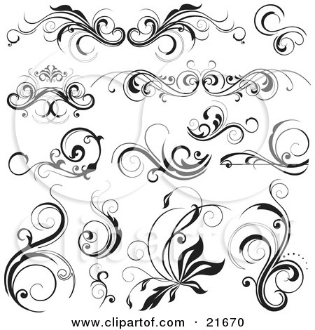 Clipart Picture Illustration of a Collection Of Elegant Flourishes With Scrolling Vines, In Black And White by OnFocusMedia