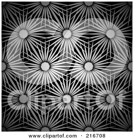 Royalty-Free (RF) Clipart Illustration of a Background Of Silver Floral Bursts On Black by michaeltravers
